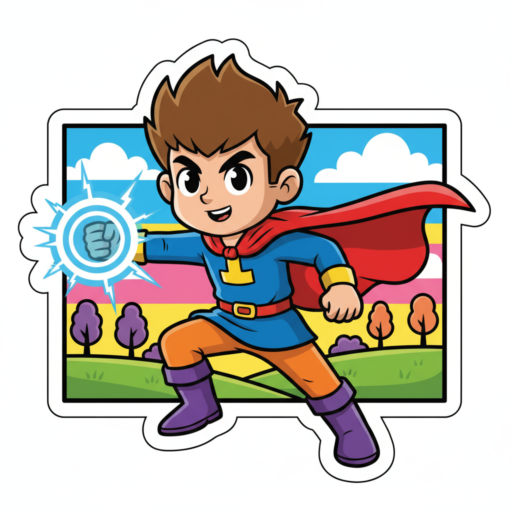 Colorful illustrated sunrise over a cheerful cartoon town with a superhero boy flying overhead
