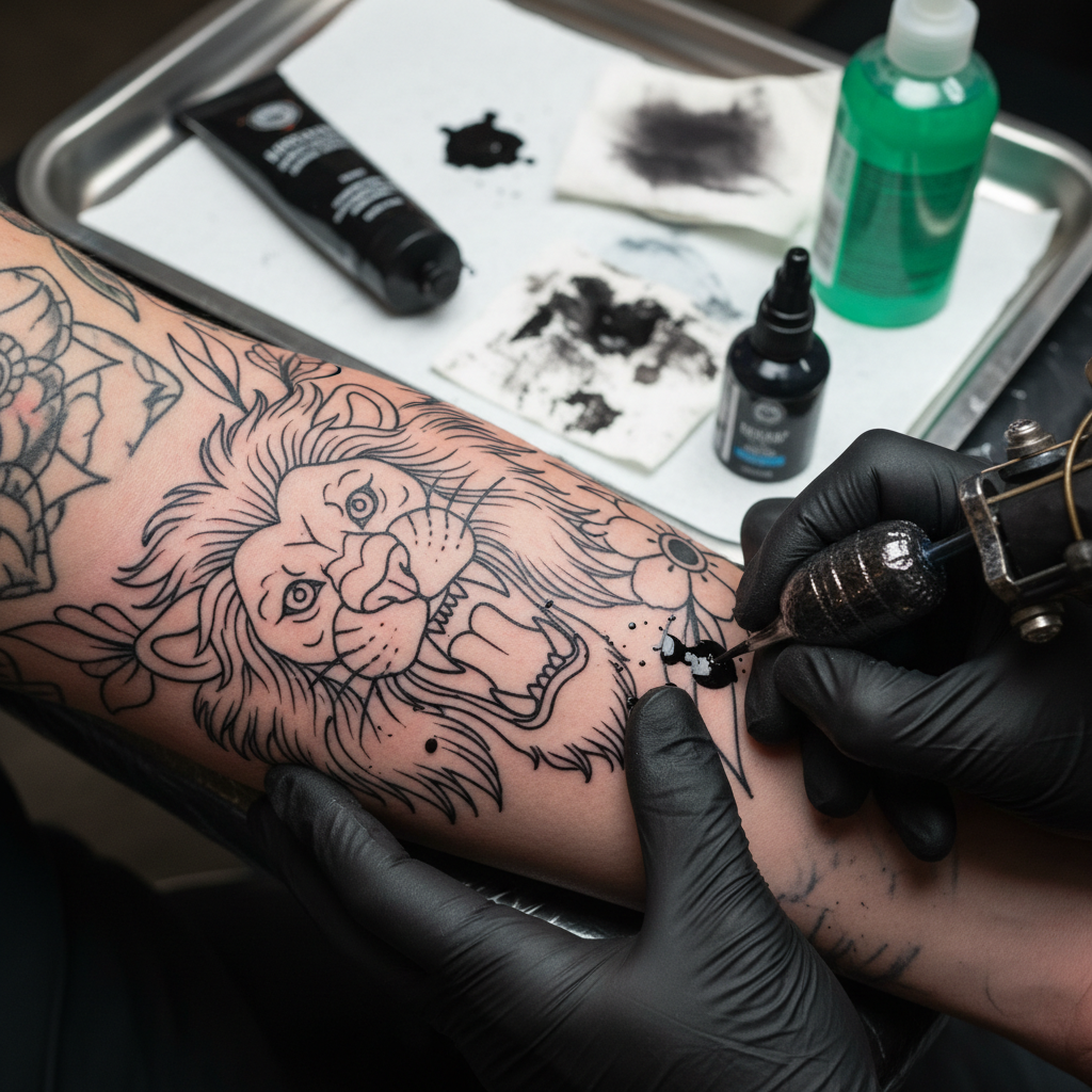 Bold traditional outline tattoo work in progress showing clean black line application technique