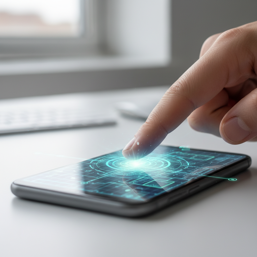 Person tapping smartphone screen with bright white interface, close-up hand on glossy phone, clean white background