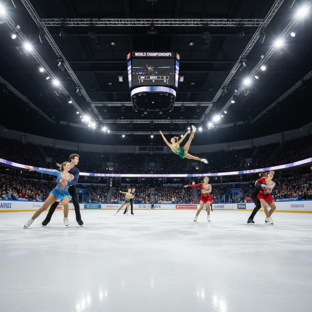Competitive gymnast executing a precise skill on apparatus under bright arena lighting