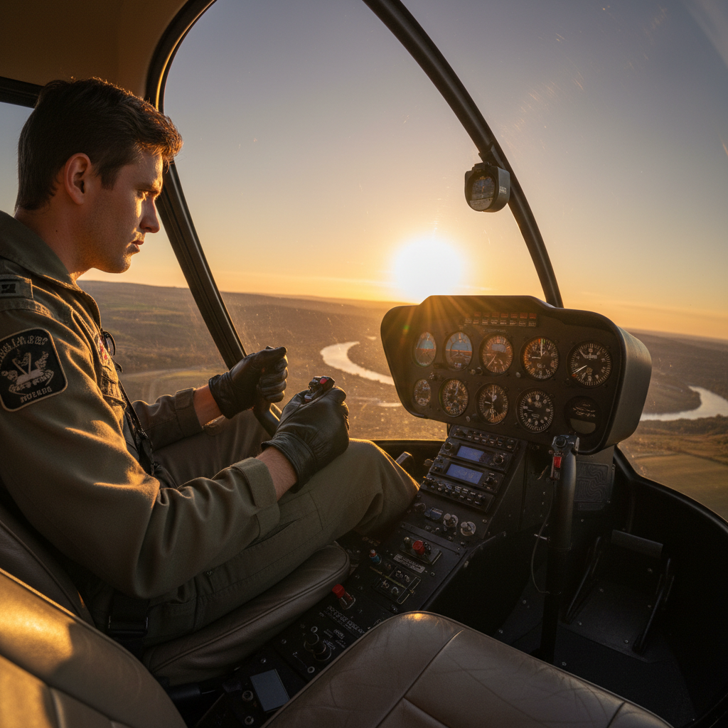 Student pilot in Robinson R22 cockpit with gloved hands on cyclic, instrument panel glowing green, horizon tilted through bubble canopy at golden hour