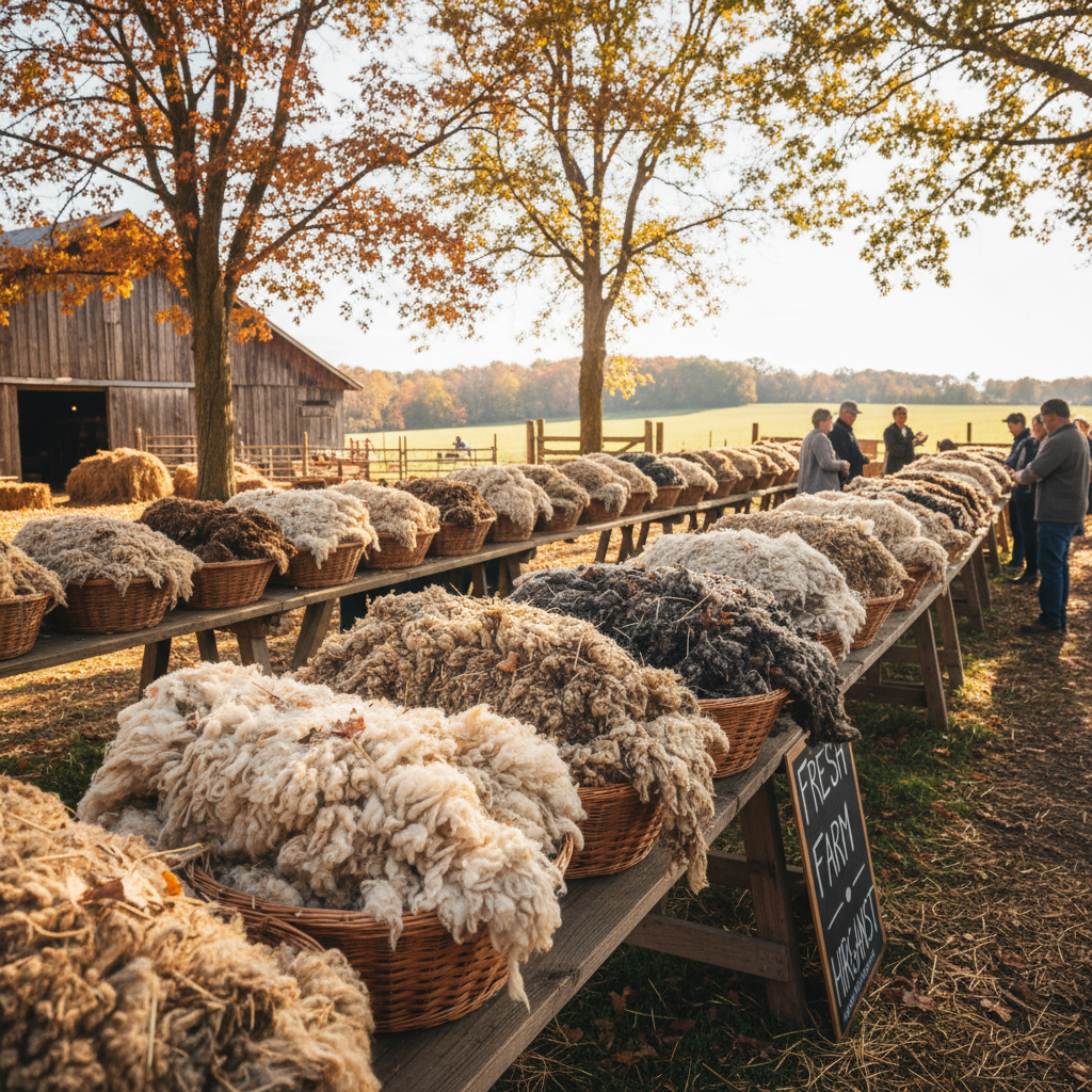 Bags of raw wool fleeces in farm building
