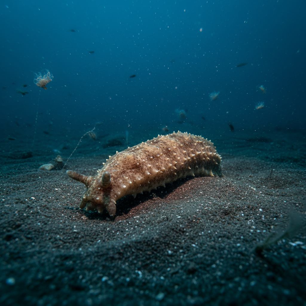Deep ocean marine environment with dark atmospheric underwater setting representing Holothuria scabra sea cucumber from Indonesian marine waters for bioactive ingredient development