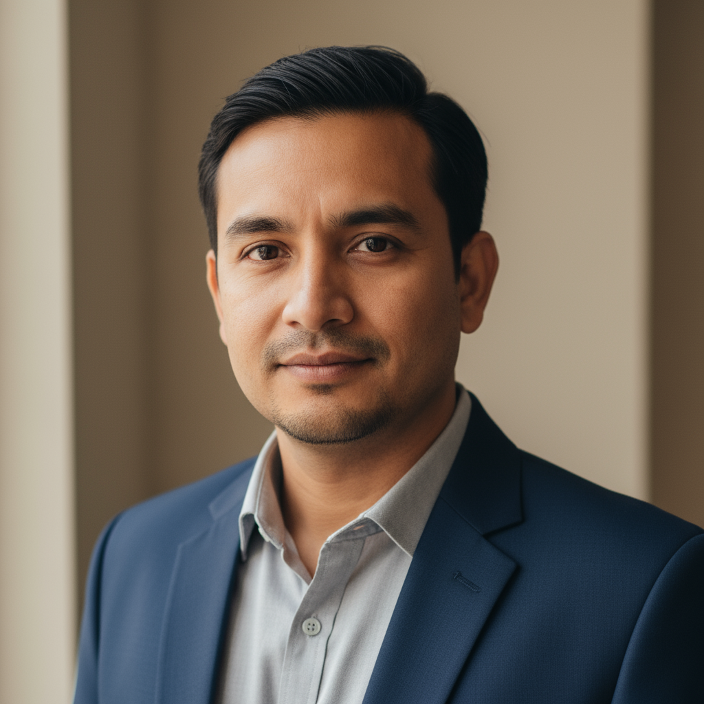 Professional Nepali man in smart casual wear, neutral bright background