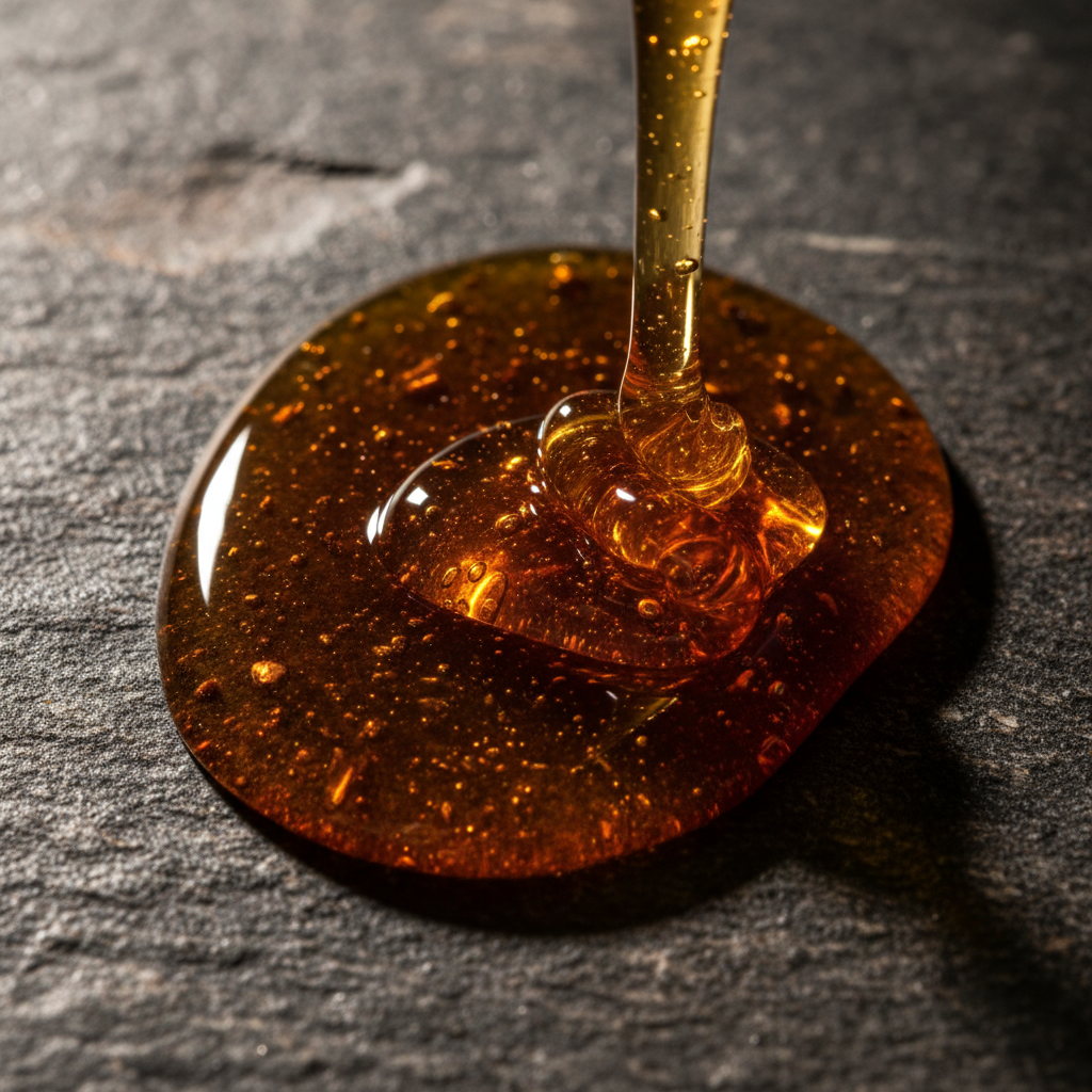 Deep amber hot honey drizzle on dark stone surface with dramatic side lighting