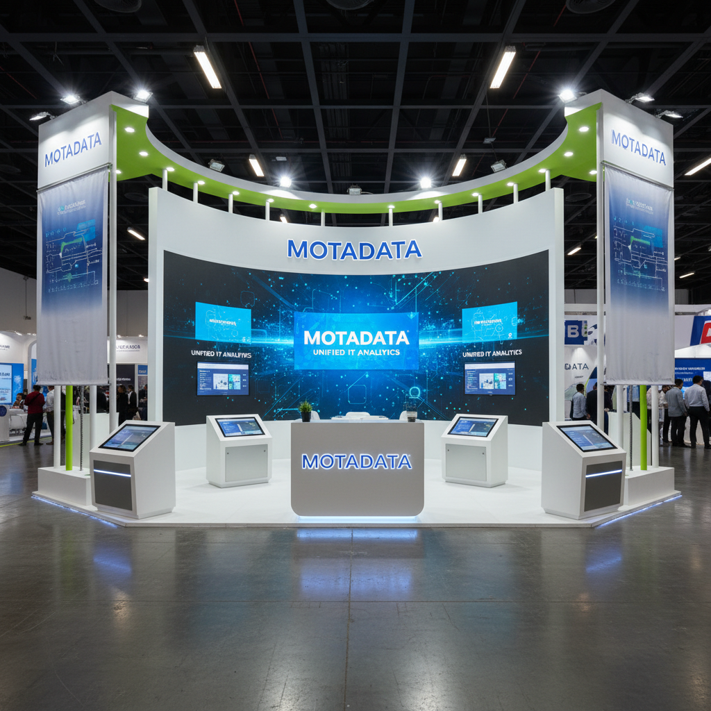 Modern exhibition booth with branded display panels and lighting at busy trade show event