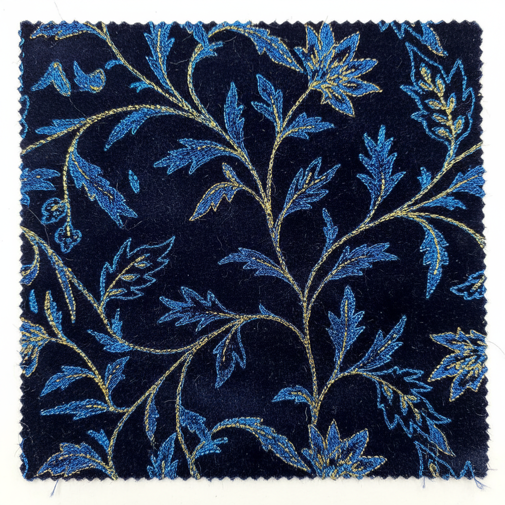 Electric blue and gold abstract botanical on velvet swatch