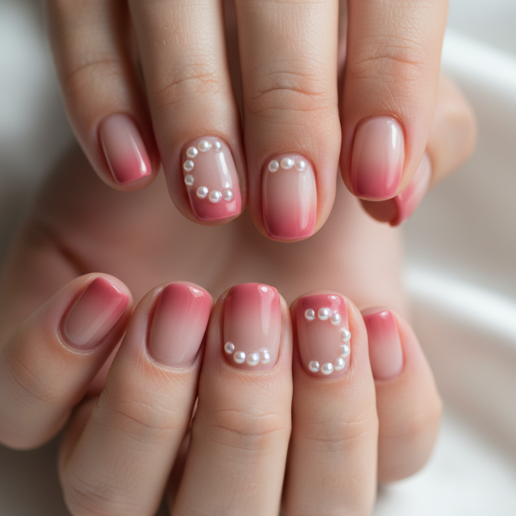 Elegant French ombre nail art with soft pink gradient tips on well-shaped nails, bright studio lighting