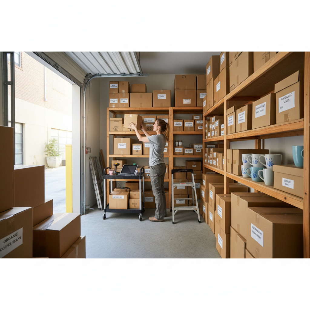 Kleinunternehmer verpackt Waren für den Versand in kleinem Lager