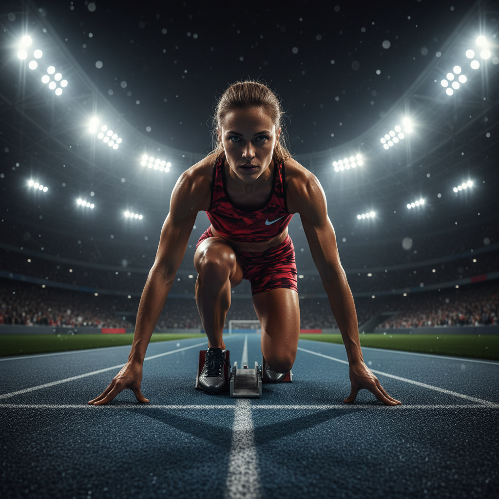 Athlete in competition stance under bright stadium lights