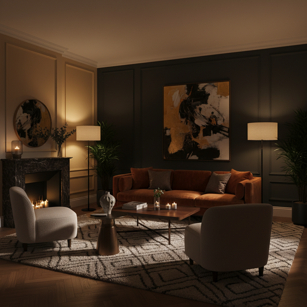 Professional interior painting of a modern living room with dark charcoal accent wall, smooth finish, and dramatic shadow lighting creating depth