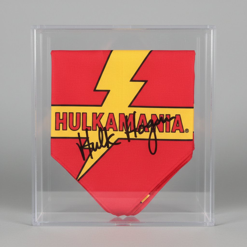 Red and yellow Hulkamania bandana signed by Hulk Hogan in black marker, sealed in UV case