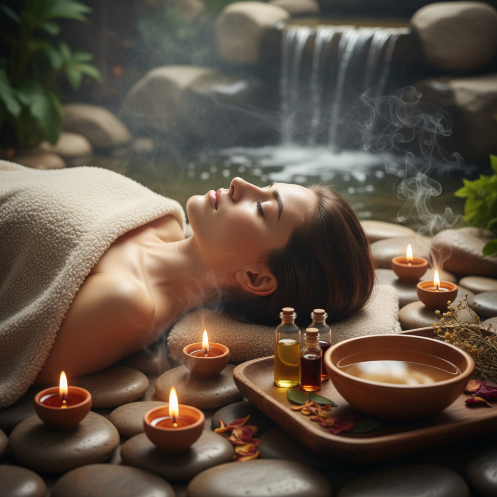 Fresh mint leaves and oils on a spa table with candles in the background