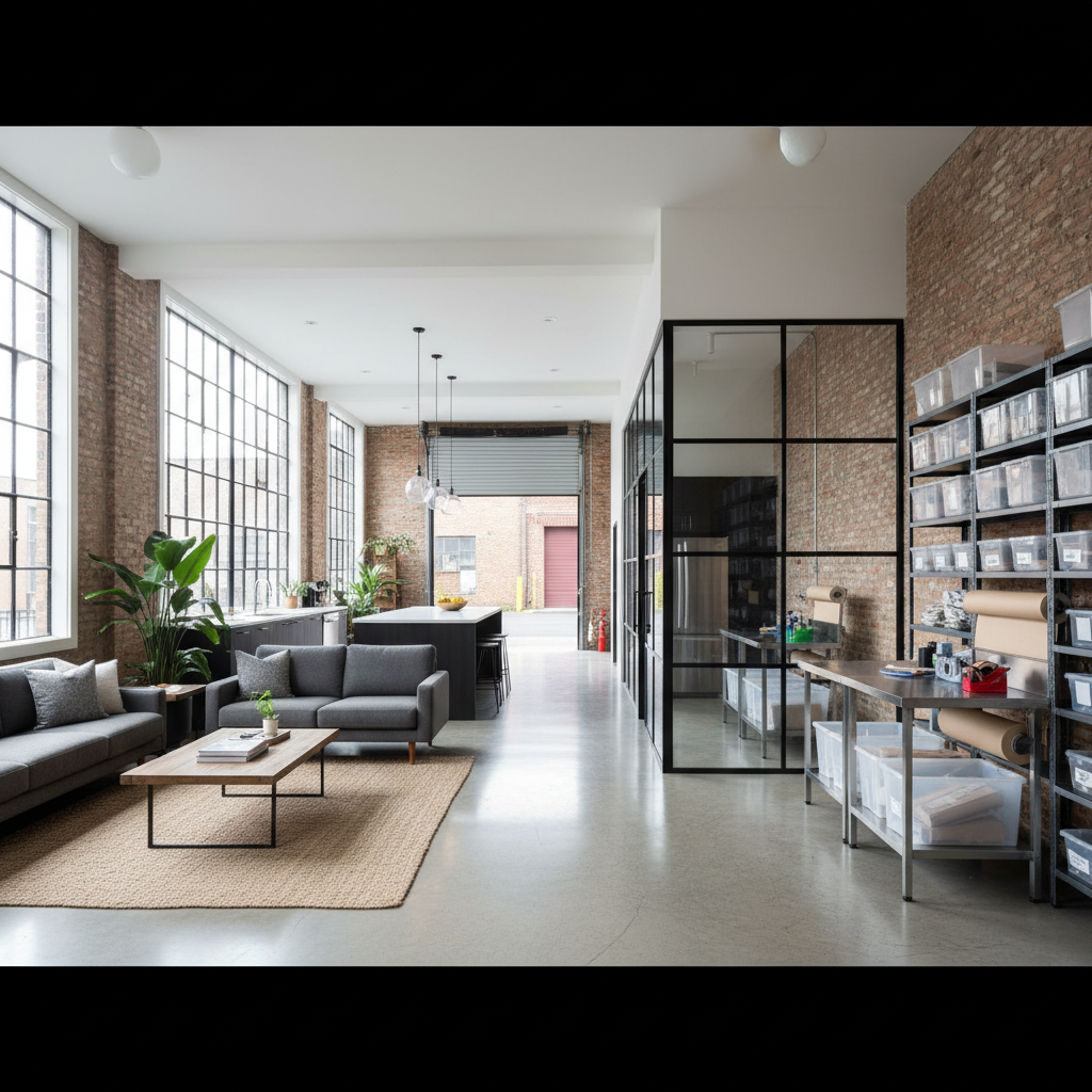 Live/work warehouse unit with dedicated shipping room and packing stations adjacent to an open kitchen and living area, loading dock door visible in background