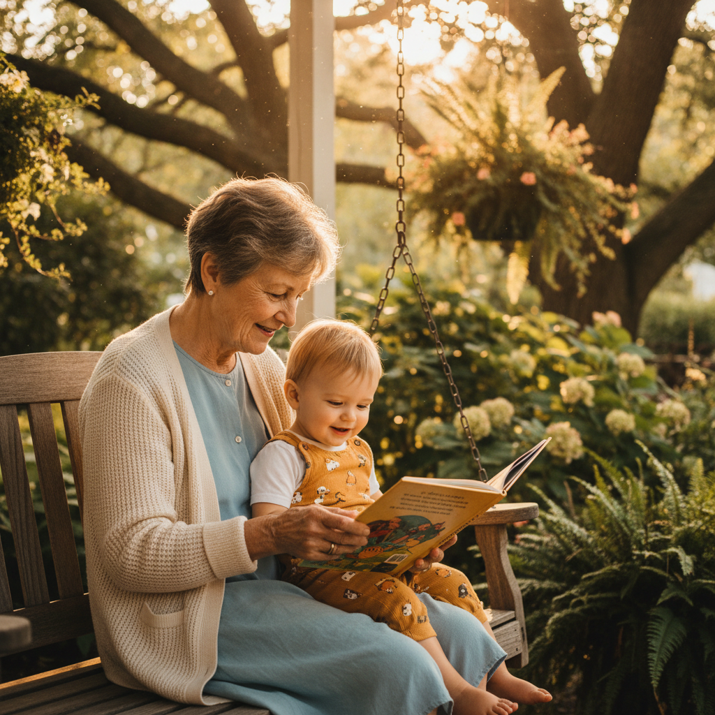 Grandmother reading aloud to a toddler on a sunlit porch swing