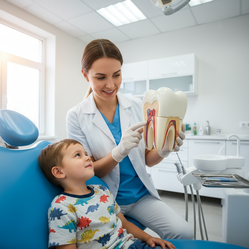 Dentist showing child a tooth model in bright office