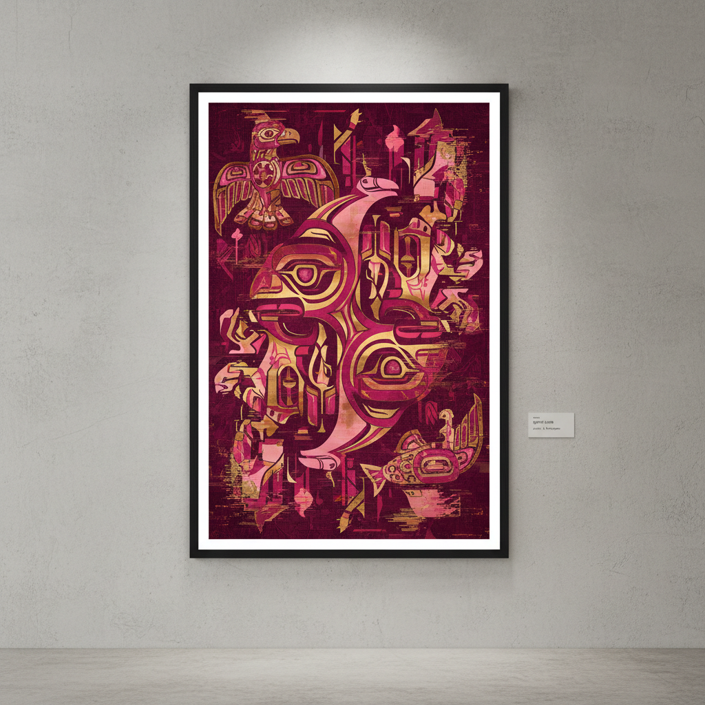 Contemporary Indigenous digital art print in magenta and gold