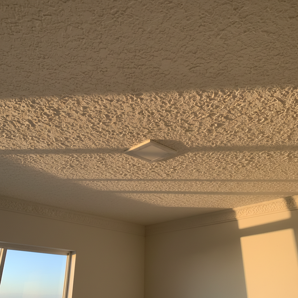 Master bedroom ceiling with heavy popcorn texture, shadows highlighting bumpy surface