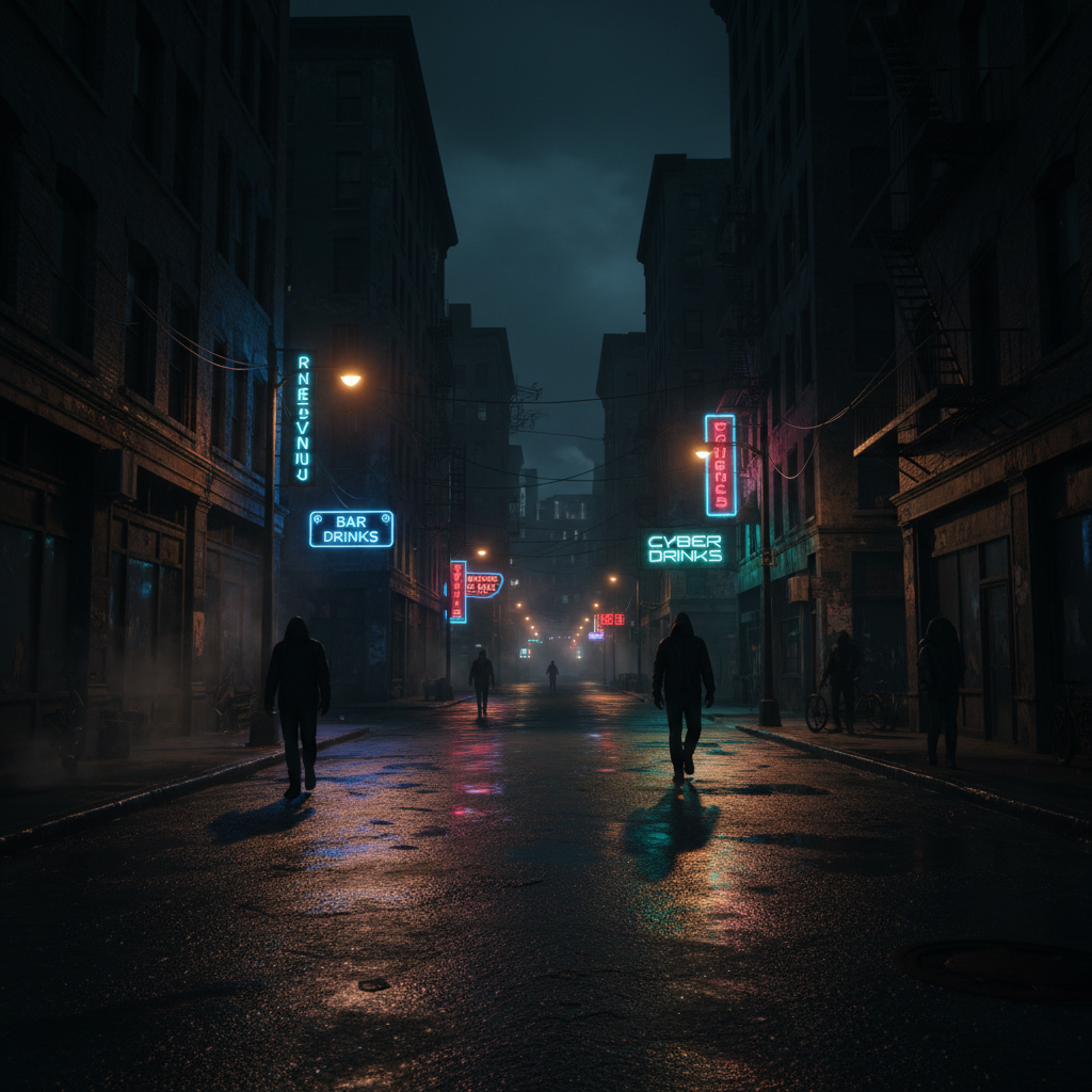 Urban nighttime scene with neon reflections on wet streets, dark atmospheric low-key lighting