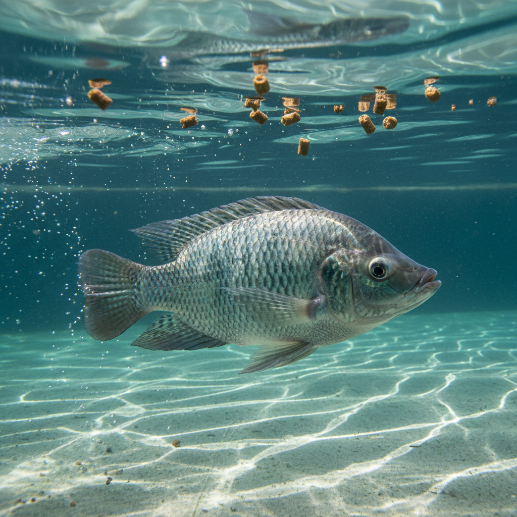 Clear aquaculture pond in tropical setting, fish visible below surface