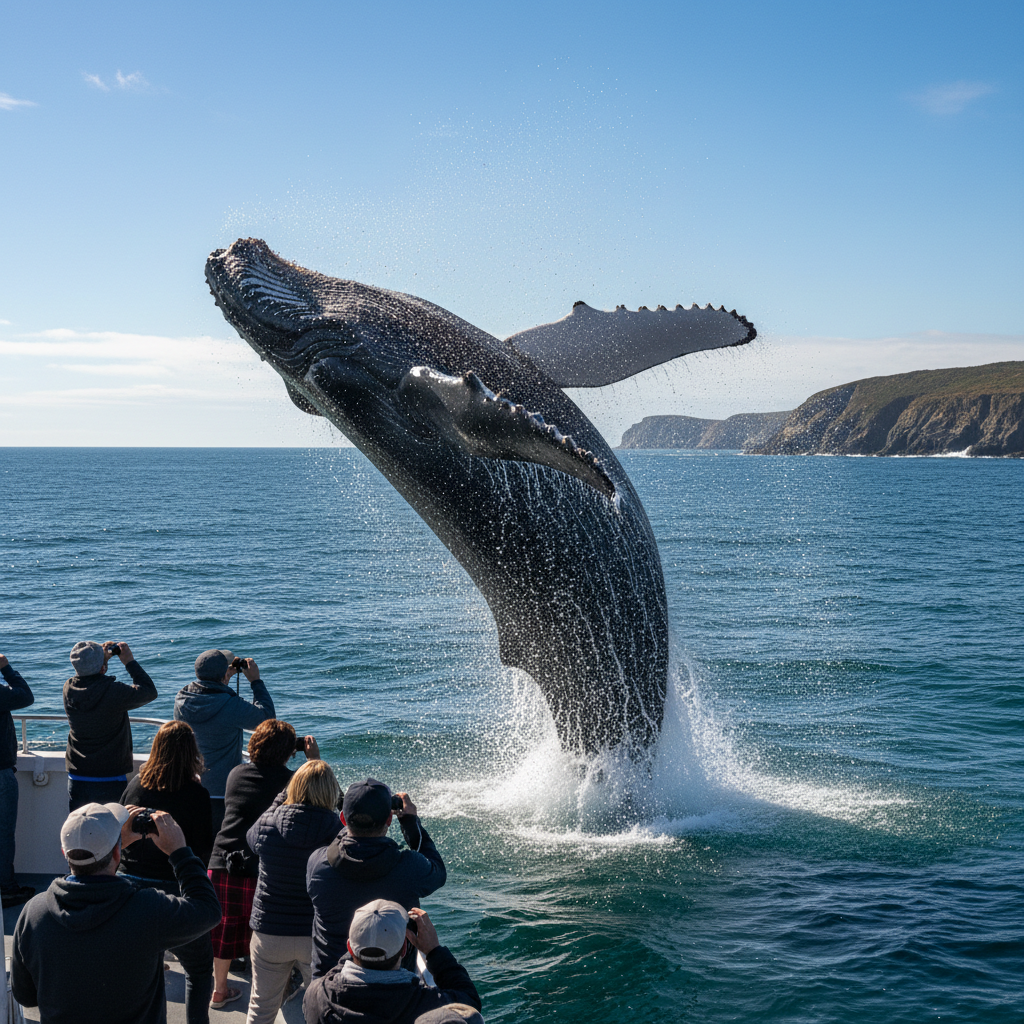 Humpback whale breaching during whale watching tour in Santa Teresa