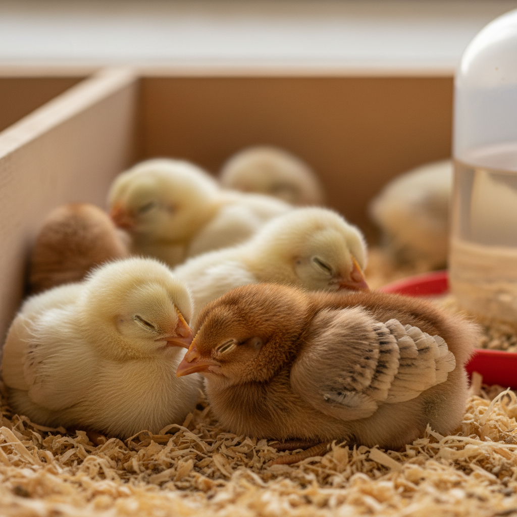 Hundreds of yellow day-old broiler chicks in a clean hatchery setting