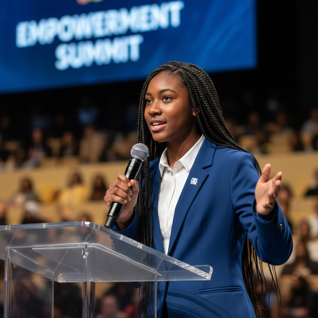 Young woman speaking at a community event, engaged and confident