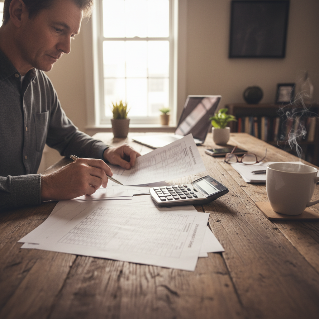 Person reviewing financial planning documents and budget spreadsheet on a desk with calculator and coffee, planning car purchase strategy