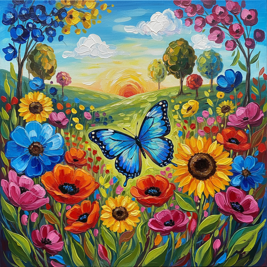 Bright acrylic painting of a garden with large colorful flowers and a blue butterfly