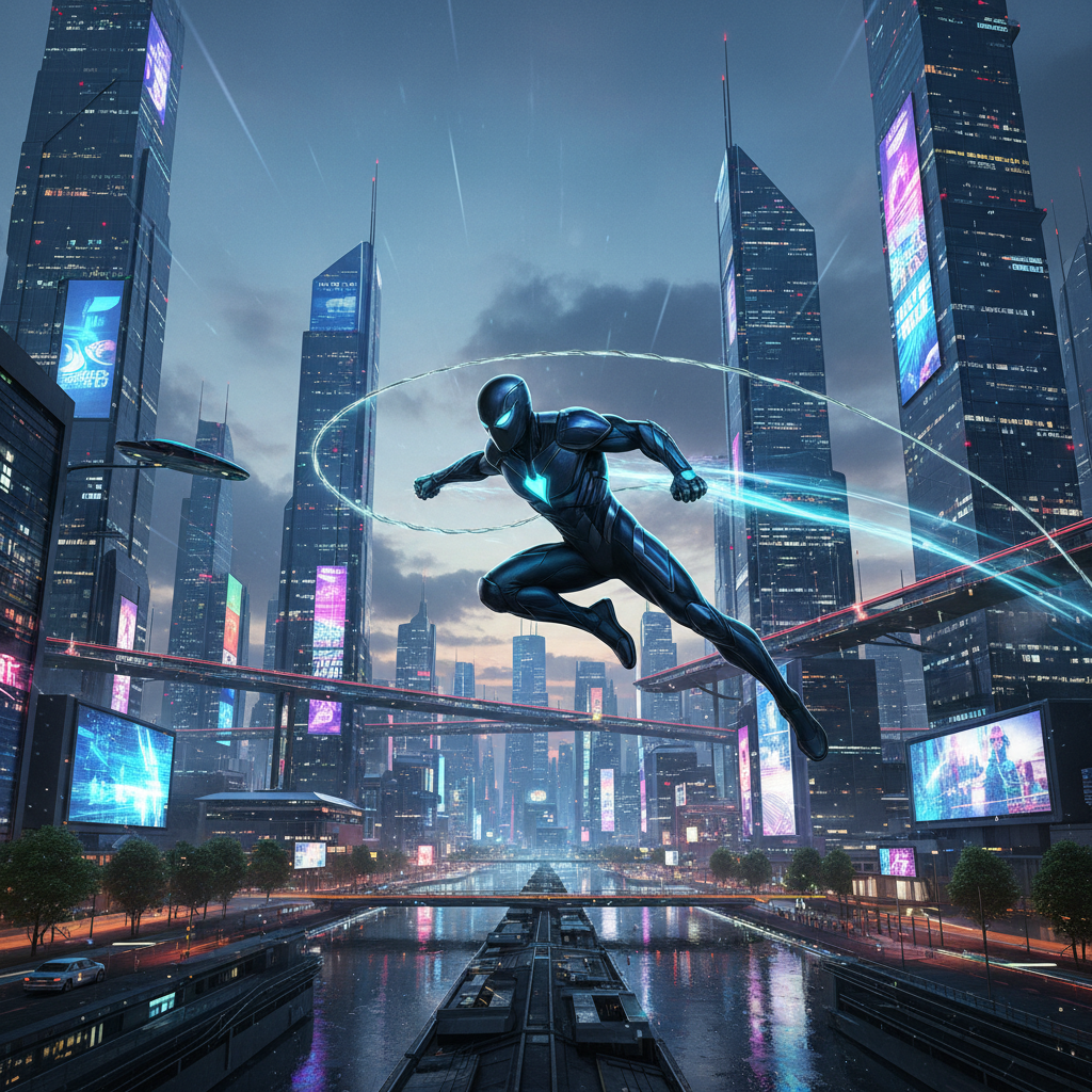Superhero swinging through modern city skyline with glowing lights
