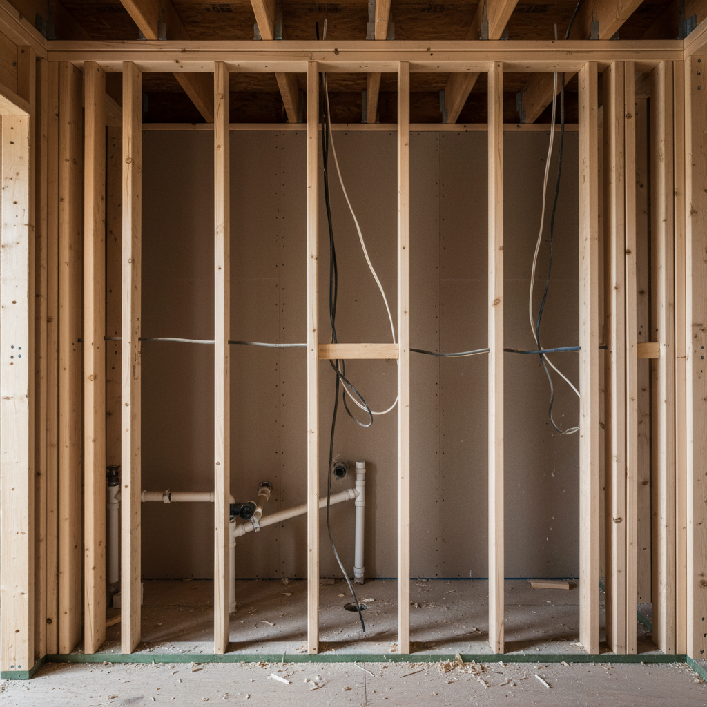 Missing fire blocking in wall cavity between floors showing open stud bay