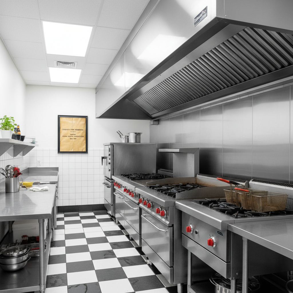 Diner kitchen after ExhaustPro hood replacement with dated fire inspection certificate mounted on wall
