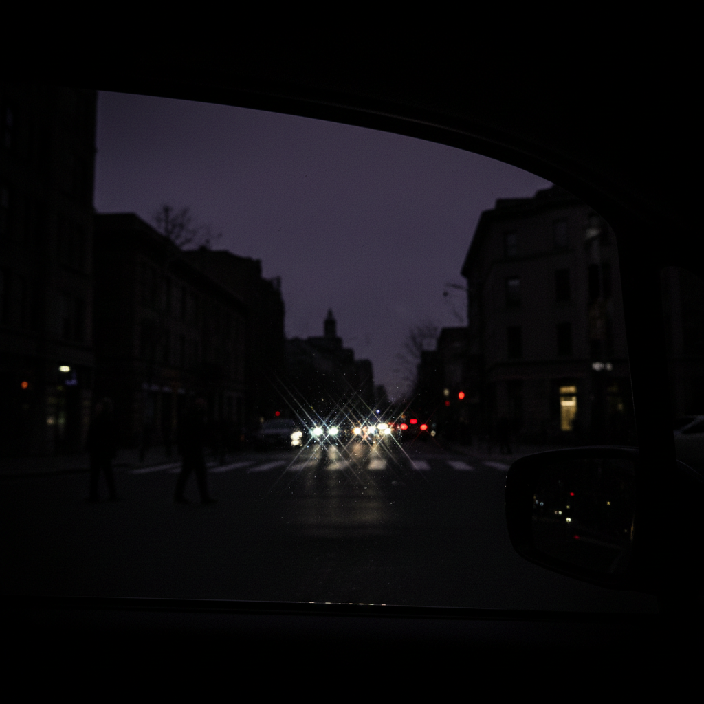 Street scene viewed through 5% VLT limo tint — near blackout darkness, silhouette privacy, deep shadow