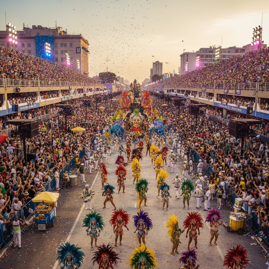 Vibrant carnival parade with colorful costumes and dancers in Barranquilla streets