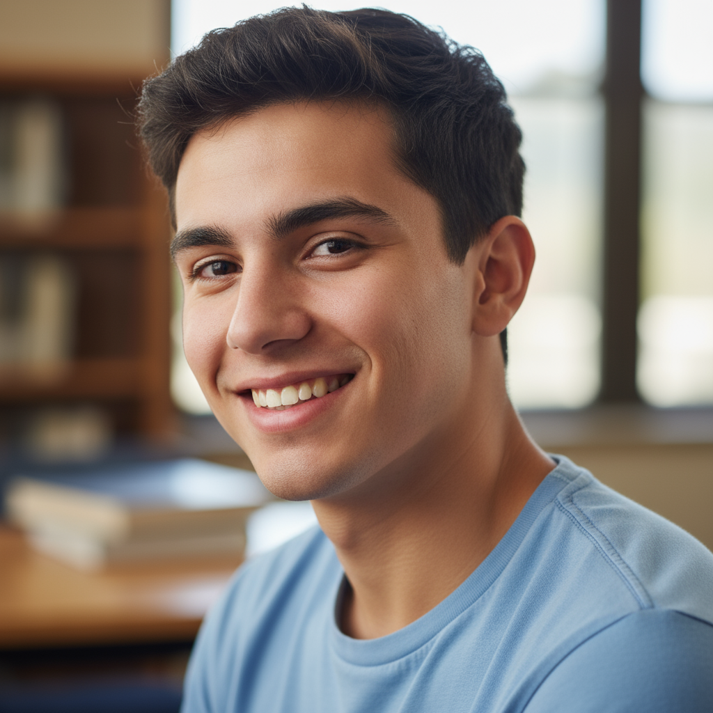 Portrait of Carlos Vargas, young Colombian student with casual friendly smile
