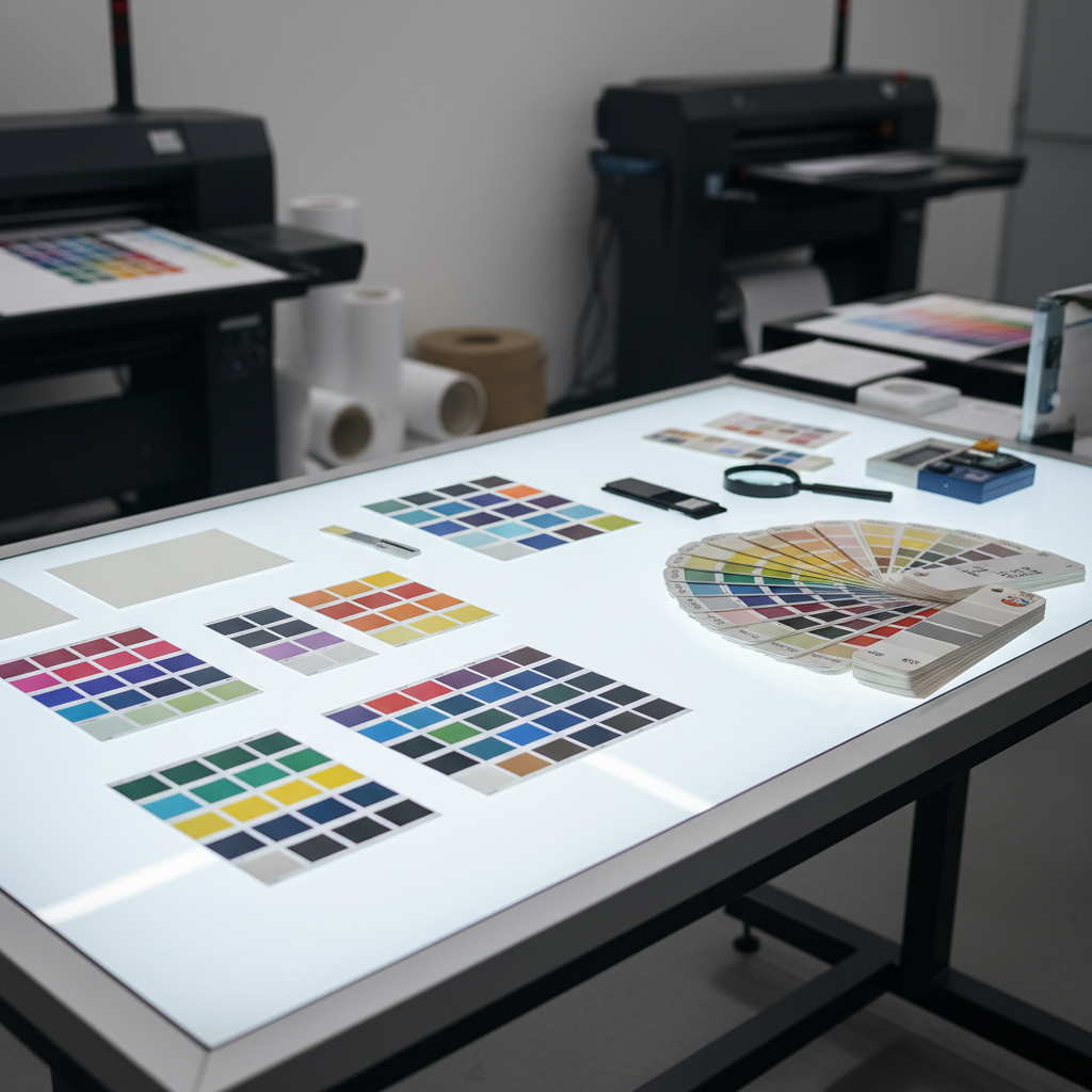 Prepress color proofing setup showing color swatches and pantone fan on a light table