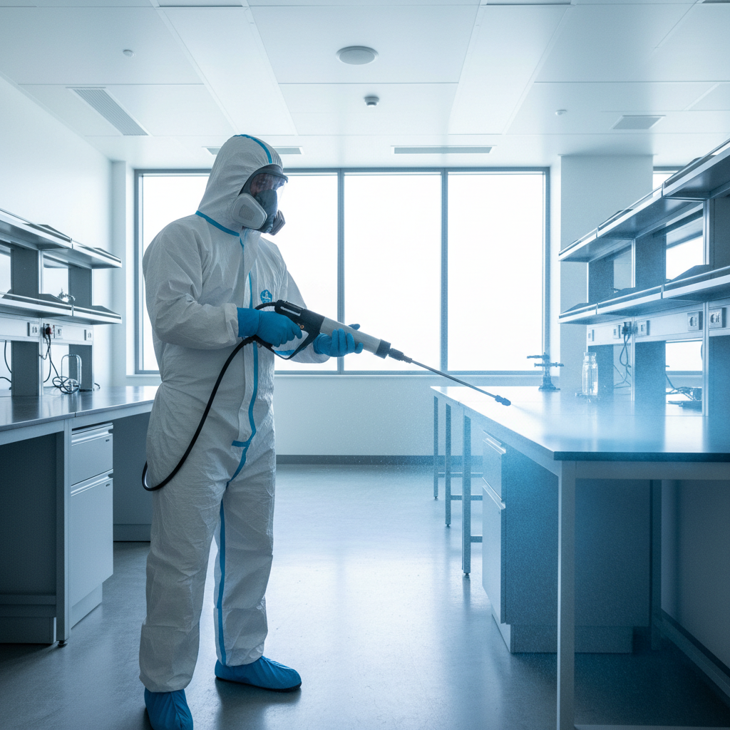 Technician in protective gear spraying electrostatic disinfectant in dimly lit office corridor