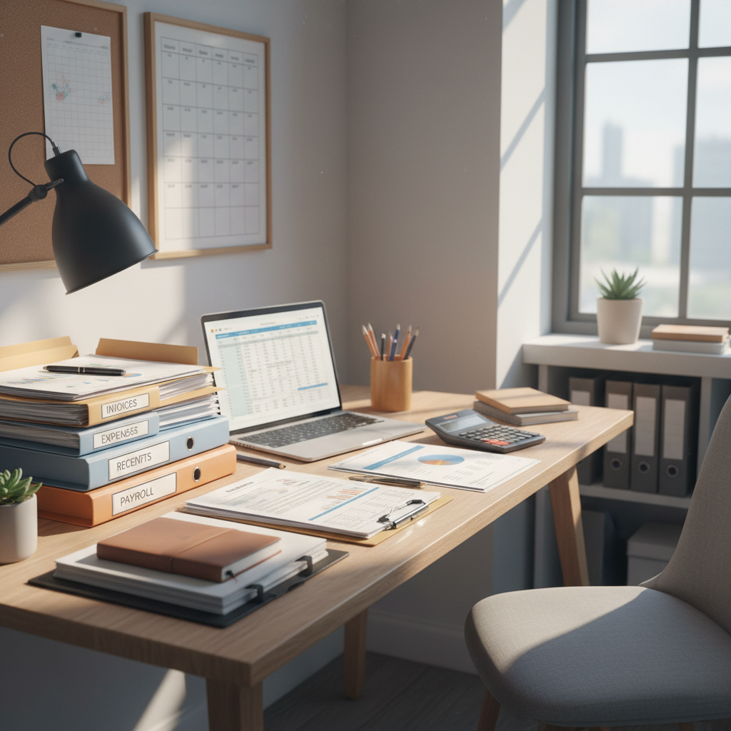 Tax documents and calculator on bright office desk, well-lit environment, clean white background, professional setting
