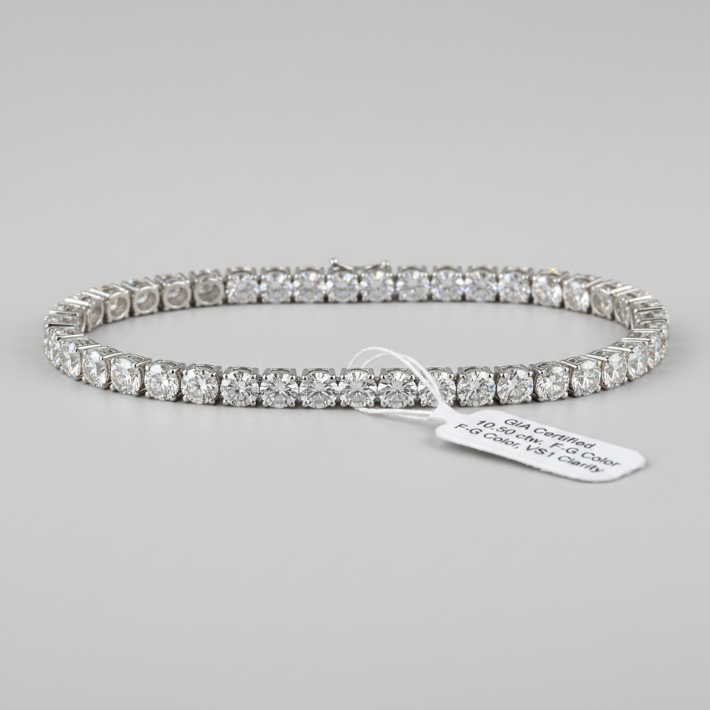 Diamond tennis bracelet in sharp focus with appraisal tag visible