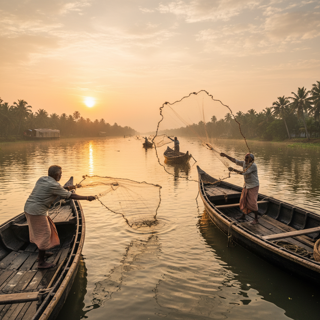 Kerala fisherman casting traditional nets at sunrise over Alleppey backwaters, golden atmospheric light