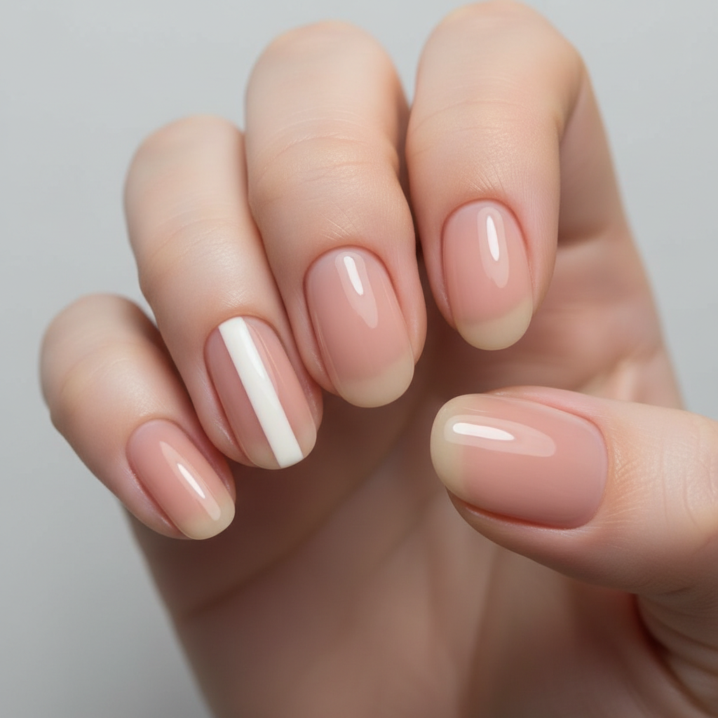 Minimalist nail art — single diagonal stripe in bone white on nude base