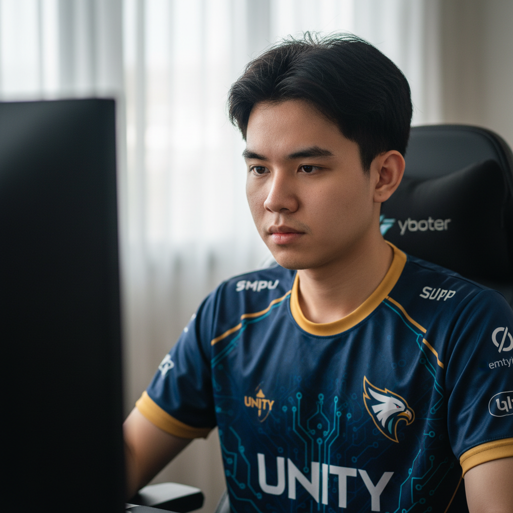 Young man with intense look, dark moody background, esports player portrait