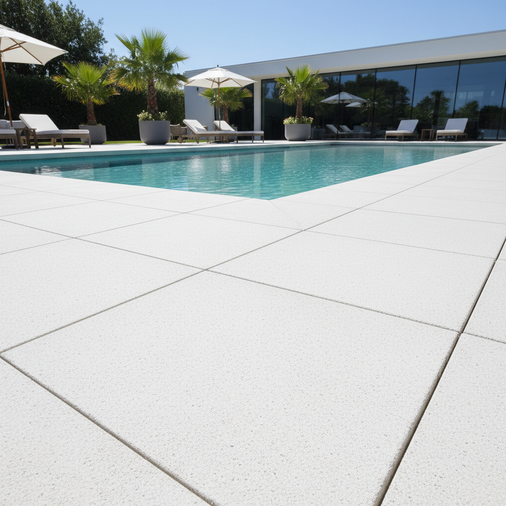 Before and after view of clean concrete pool deck after professional pressure washing, Florida home