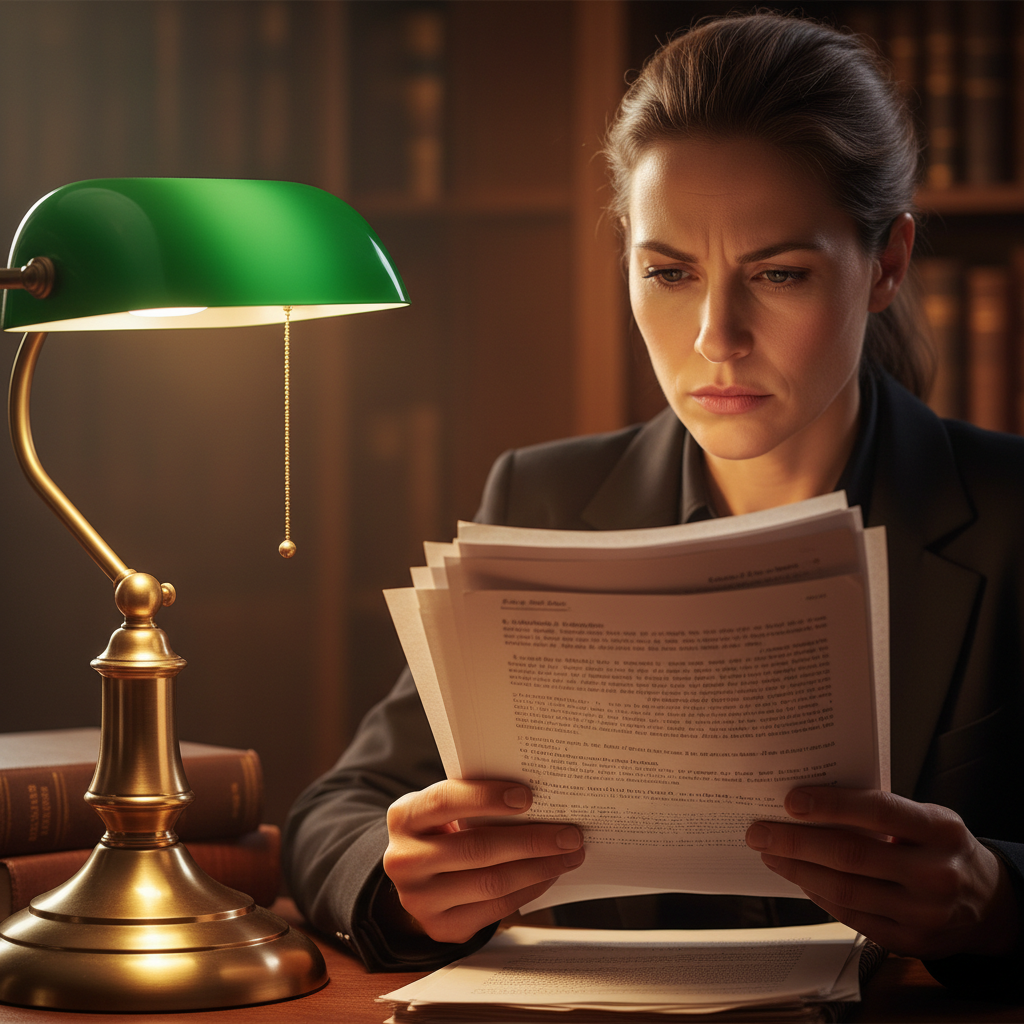 Litigator reviewing notes, brass lamp casting warm glow