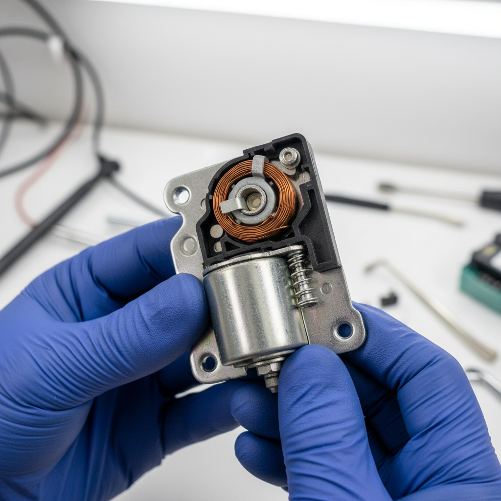 Technician holding replacement door latch solenoid part in workshop gloves