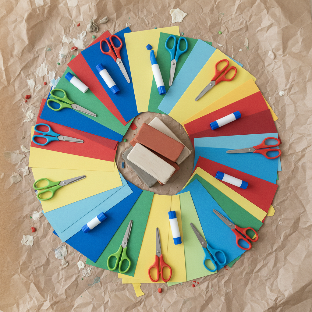 Overhead flat-lay of maker space craft materials: clay blocks, craft paper, glue sticks, and scissors fanning outward on butcher paper