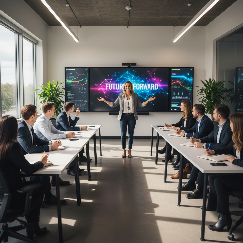 Team members engaged in training session with instructor presenting on large screen in modern learning space