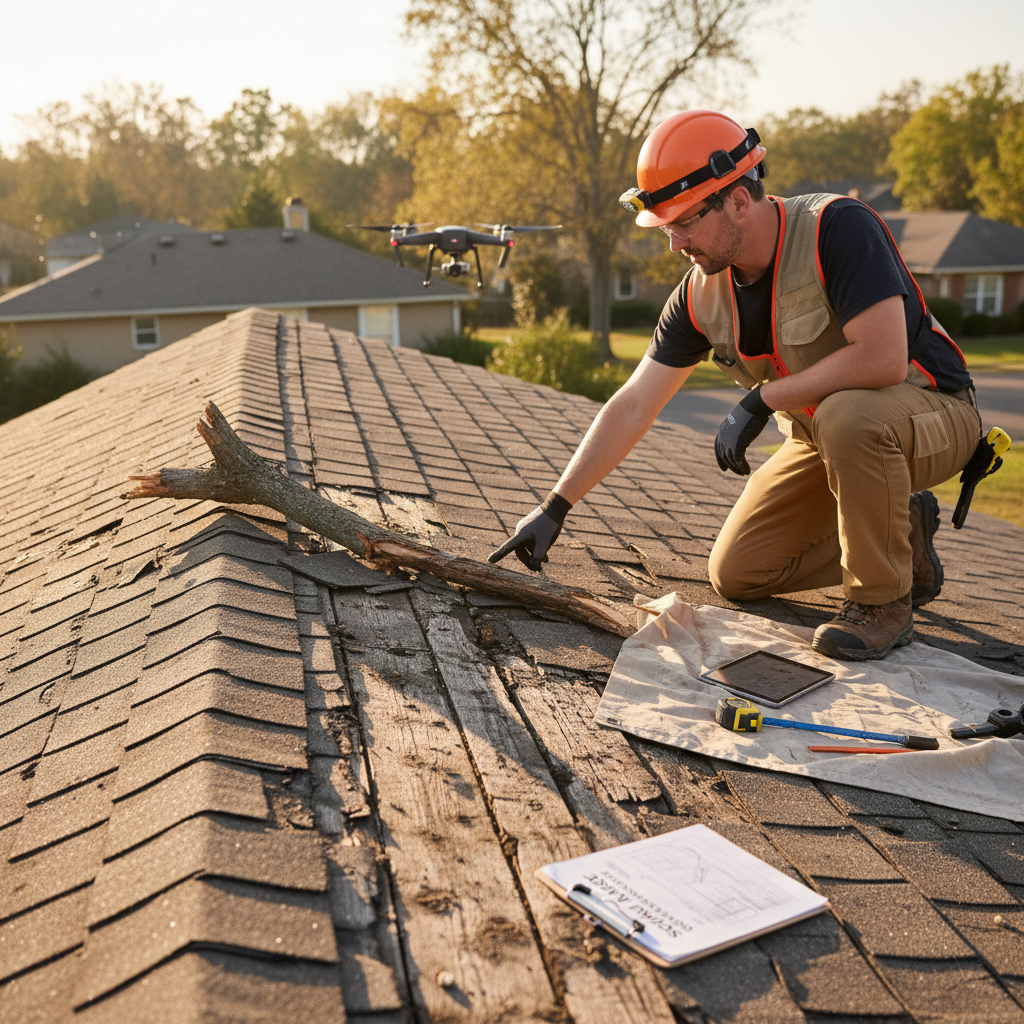 Consumer drone hovering above rooftop gutters performing inspection, bright daylight, residential street background, overhead view