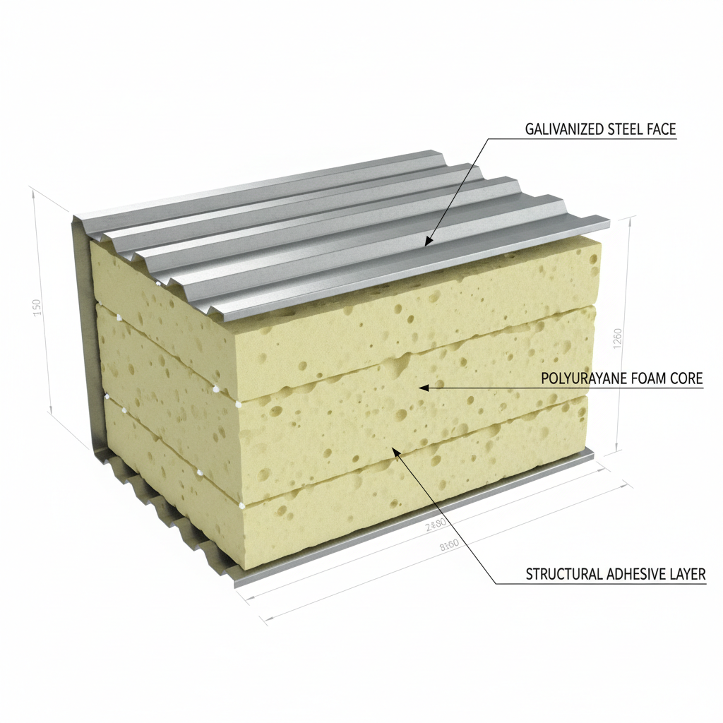Cross-section view of insulated steel panel showing polyurethane foam core layers