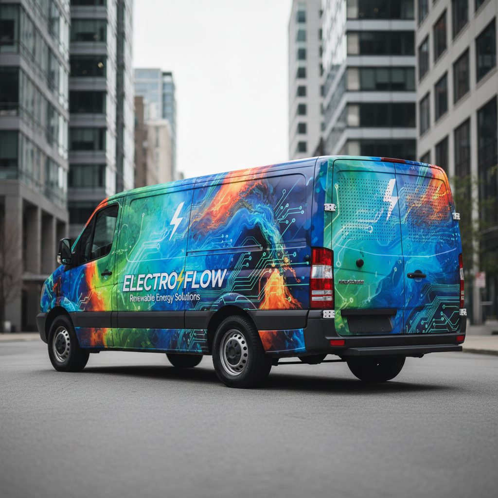 Commercial fleet van with bold branded graphics parked on city street, bright daylight